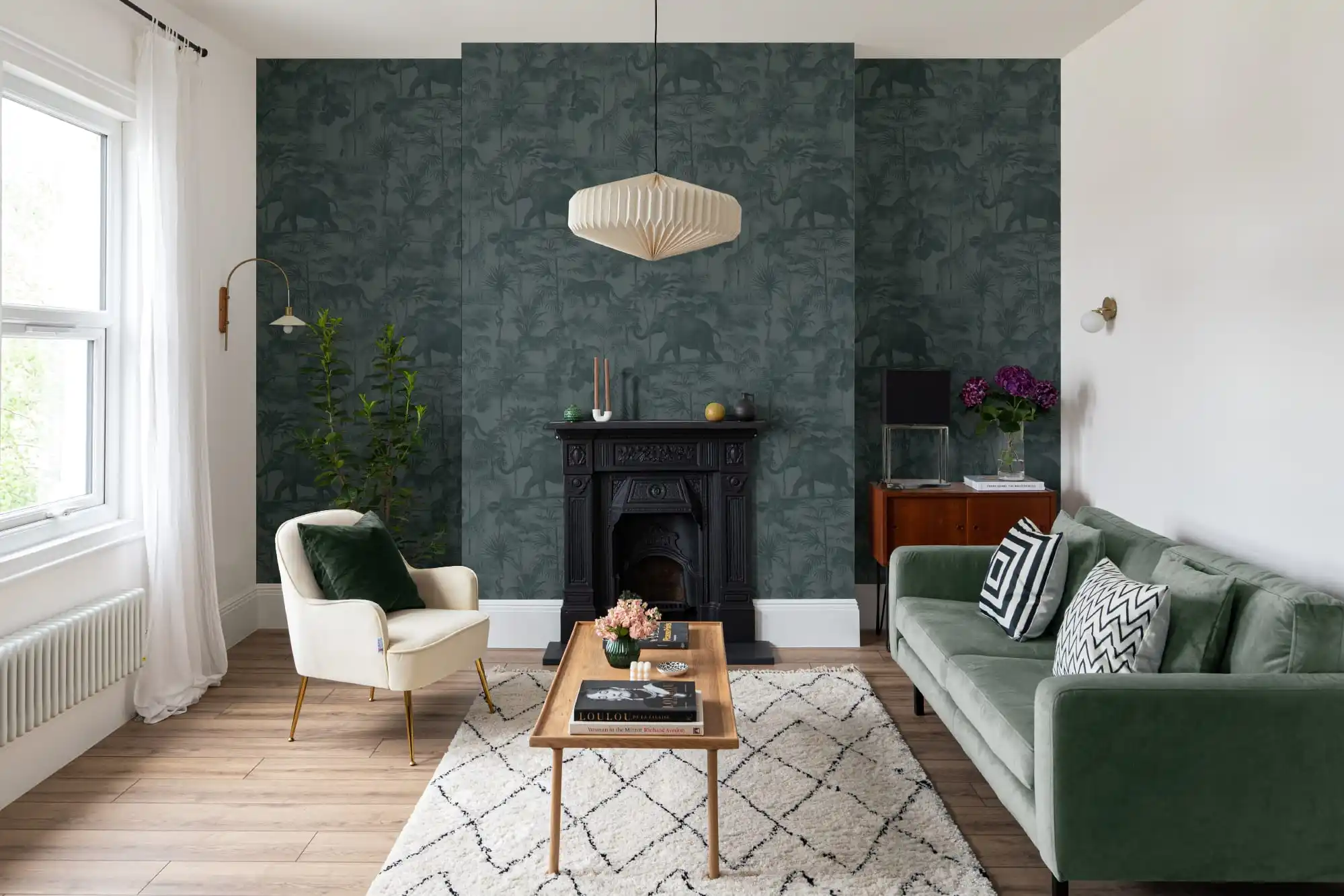 Elegant living room with professionally installed wallpaper in New York